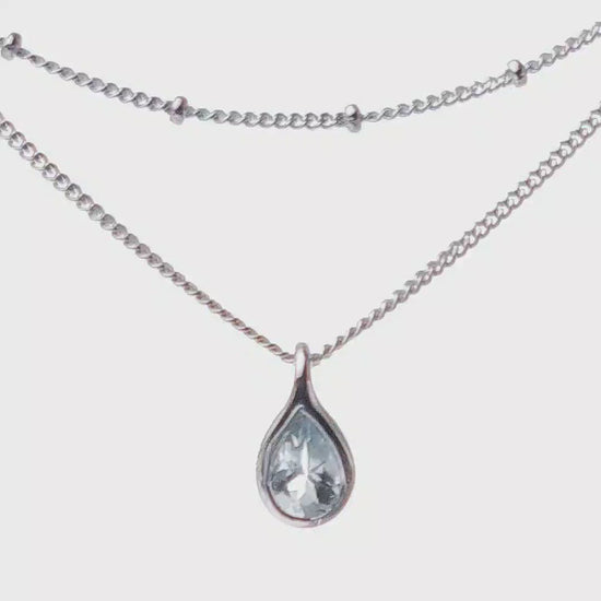Aquamarine rubover pear pendant plus layered bead chain sterling silver