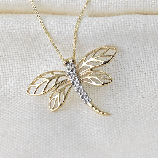 9ct Diamond Gold Necklace Dragonfly