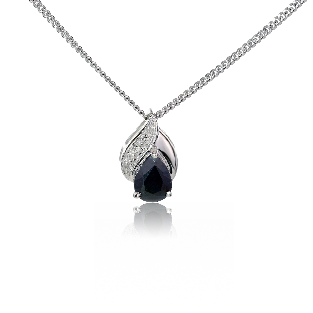 silver diamond necklace sapphire blue 0.75ct pear womens designed in the UK