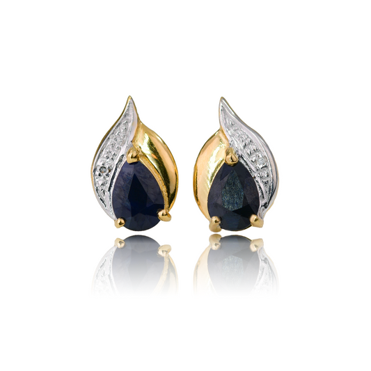 Silver Diamond Earrings Gold Plate Stud Sapphire Ink Blue Pear Womens