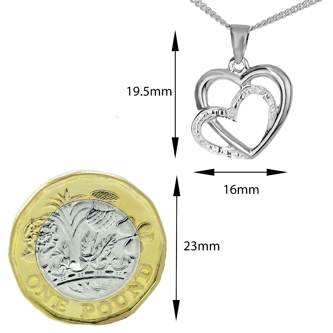 Silver Diamond Necklace Double Heart 18'' Chain