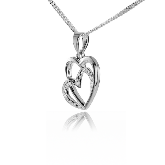 Silver Diamond Necklace Double Heart 18'' Chain
