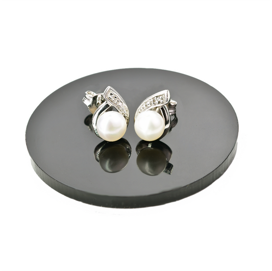 Silver Diamond Earrings Stud Pearl Womens