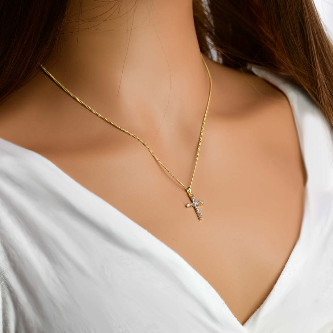 Silver Diamond Necklace Gold Plate Cross 18'' Chain Ojewellery PDC1YG