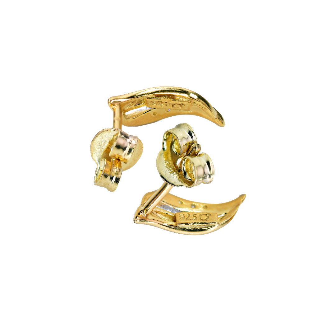 Silver Diamond Earrings Gold Plate Stud Wave Double Womens