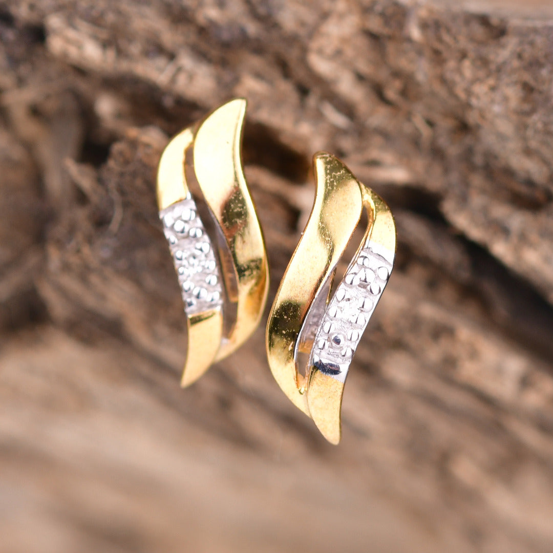silver diamond earrings gold plate stud wave double womens designed in the UK