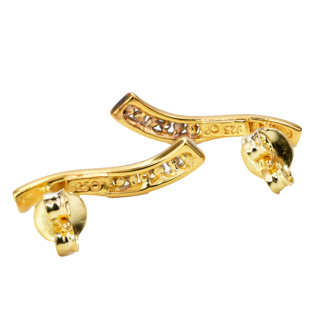Diamond Wave Earrings Gold Plated Sterling Silver Long Studs