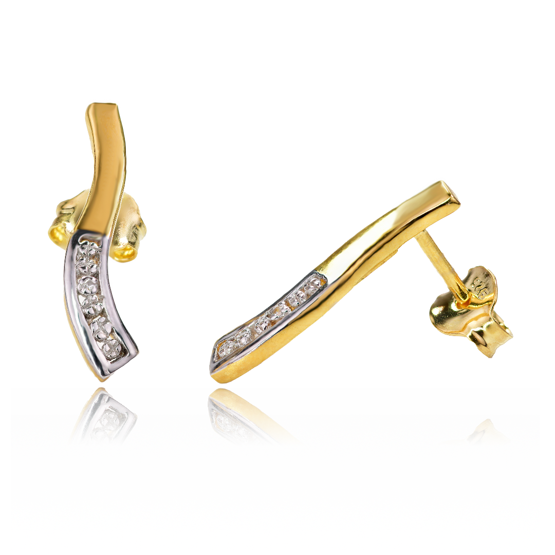 Diamond Wave Earrings Gold Plated Sterling Silver Long Studs