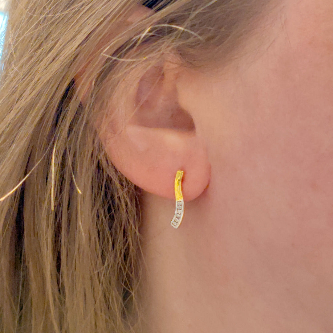 Diamond Wave Earrings Gold Plated Sterling Silver Long Studs