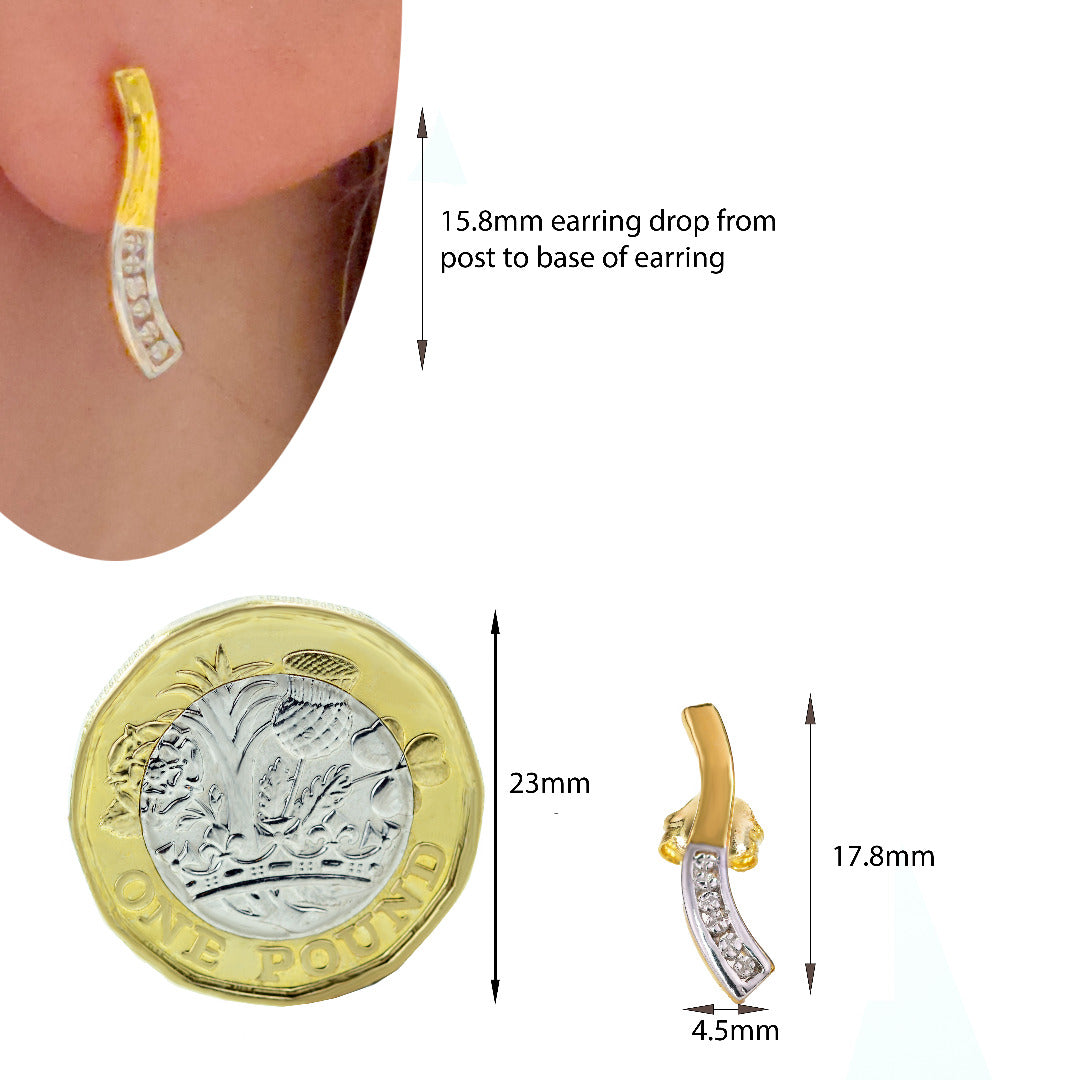 Diamond Wave Earrings Gold Plated Sterling Silver Long Studs