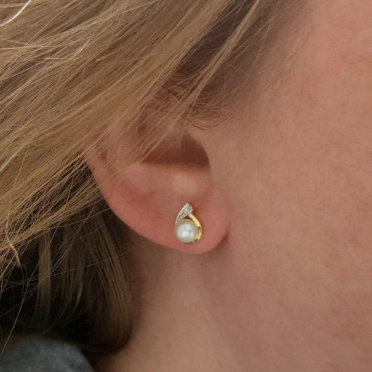 Diamond Pearl Stud Earrings Yellow Gold Plated Sterling Silver
