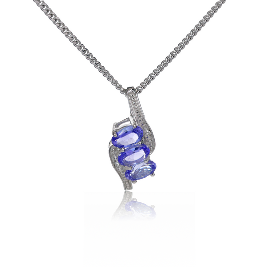 Silver Diamond Necklace Tanzanite Ovals 0.72ct  Ojewellery 18'' Chain