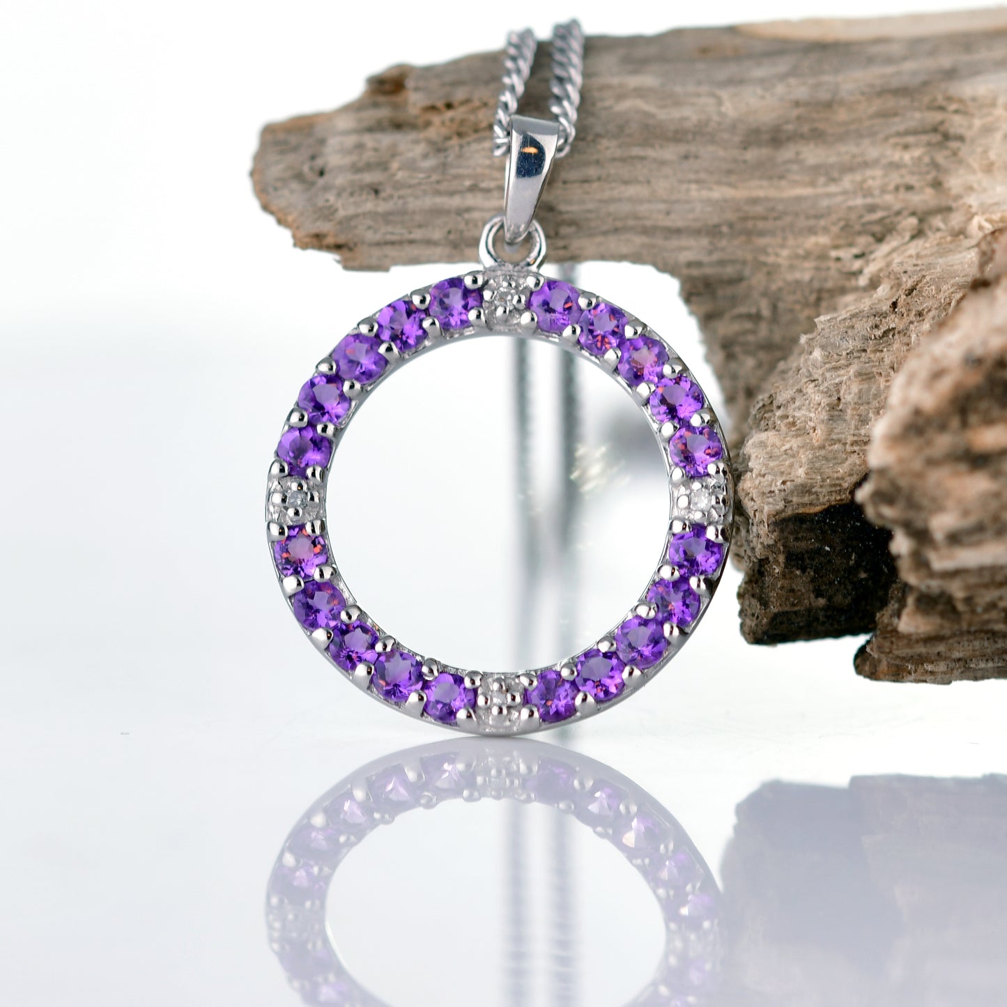 Amethyst Diamond Circle Pendant Sterling Silver