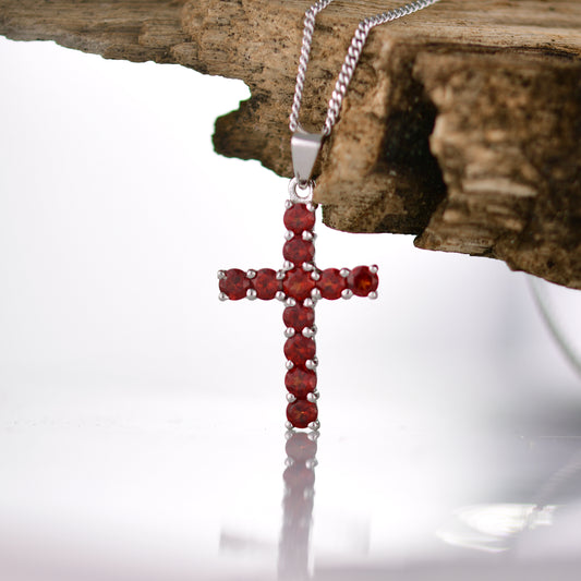 Garnet Cross Necklace Sterling Silver