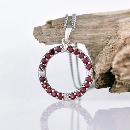 Silver Garnet Pendant 1ct Red Natural Real Diamond Circle 18'' Chain