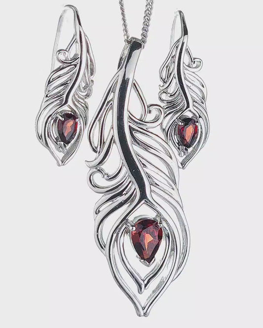 Sterling Silver Garnet Set Necklace Earrings Peacock Feather Red January Birthstone